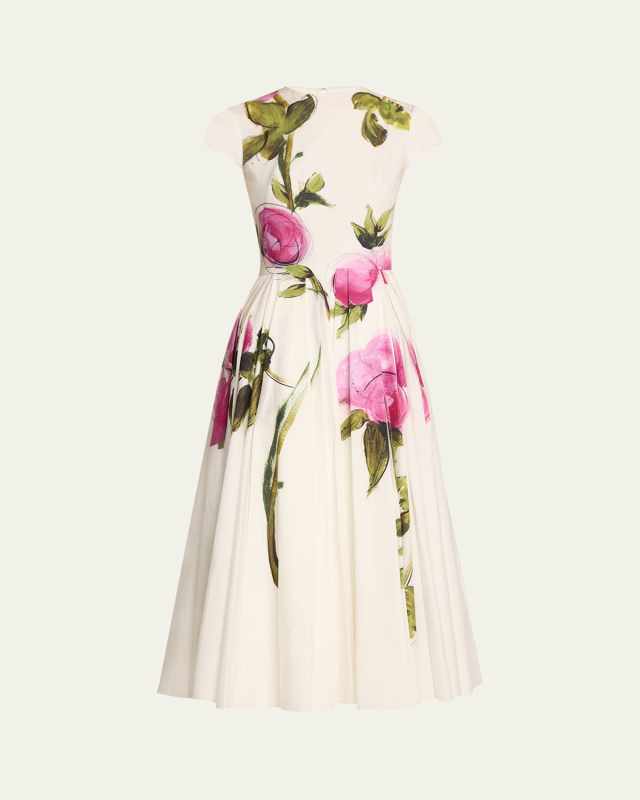 Pleated Painted Roses Poplin Midi Dress